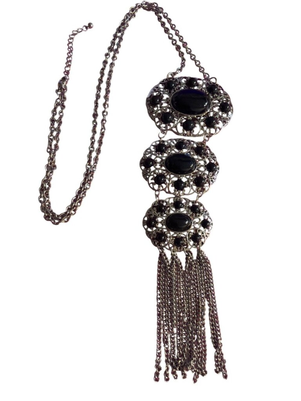 Silver Tone Long Pendant Necklace Fringe Tassel Medallion Black Stones Adj 30"